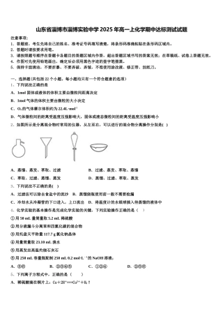 山东省淄博市淄博实验中学2025年高一上化学期中达标测试试题含解析