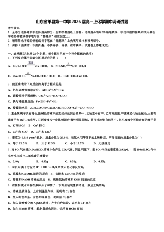 山东省单县第一中学2026届高一上化学期中调研试题含解析