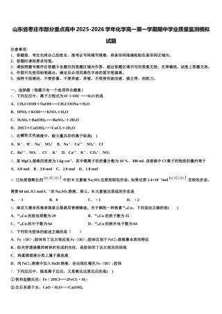 山东省枣庄市部分重点高中2025-2026学年化学高一第一学期期中学业质量监测模拟试题含解析