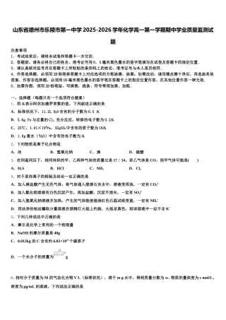 山东省德州市乐陵市第一中学2025-2026学年化学高一第一学期期中学业质量监测试题含解析