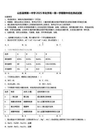 山东淄博第一中学2025年化学高一第一学期期中综合测试试题含解析