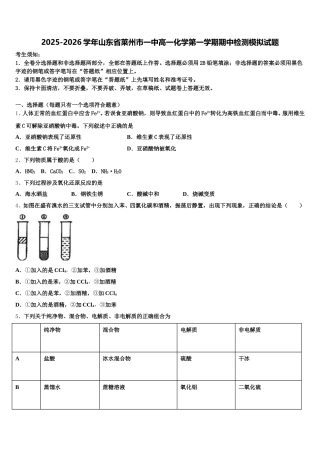 2025-2026学年山东省莱州市一中高一化学第一学期期中检测模拟试题含解析