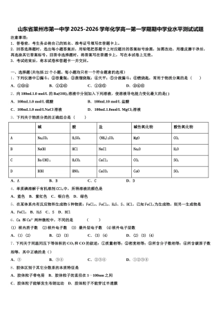 山东省莱州市第一中学2025-2026学年化学高一第一学期期中学业水平测试试题含解析