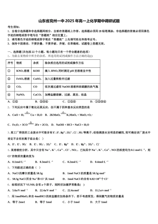 山东省兖州一中2025年高一上化学期中调研试题含解析