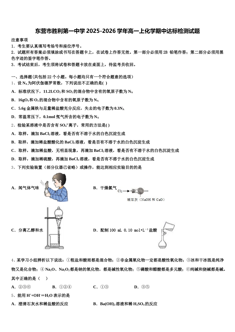 东营市胜利第一中学2025-2026学年高一上化学期中达标检测试题含解析_第1页