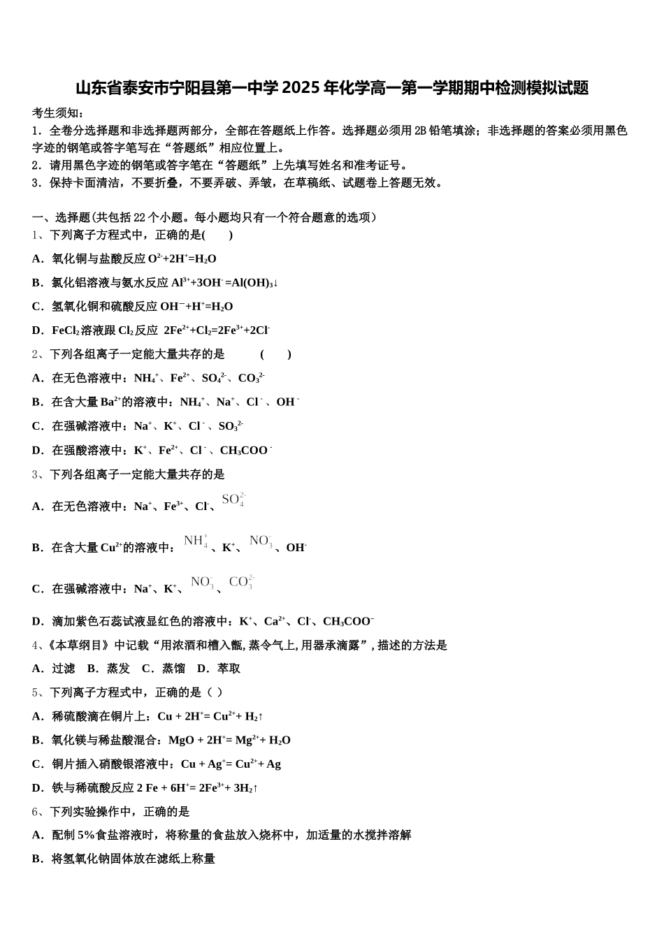 山东省泰安市宁阳县第一中学2025年化学高一第一学期期中检测模拟试题含解析_第1页