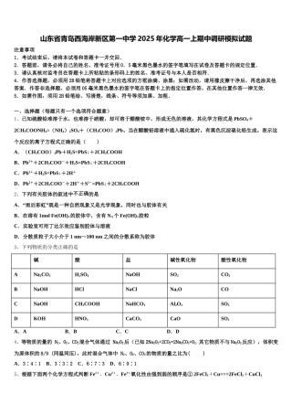 山东省青岛西海岸新区第一中学2025年化学高一上期中调研模拟试题含解析