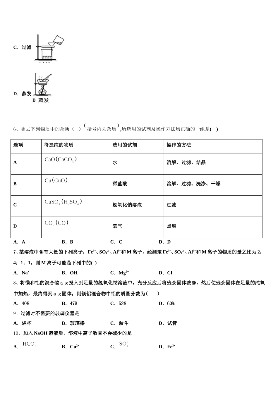 山东省济南市长清第一中学2025年化学高一第一学期期中复习检测试题含解析_第2页