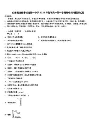 山东省济南市长清第一中学2025年化学高一第一学期期中复习检测试题含解析
