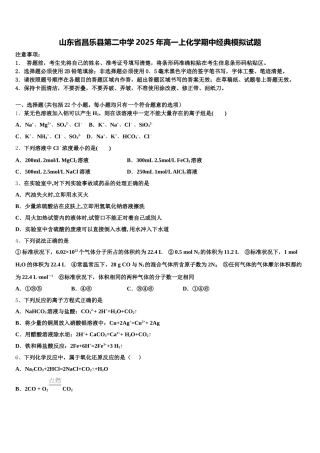山东省昌乐县第二中学2025年高一上化学期中经典模拟试题含解析