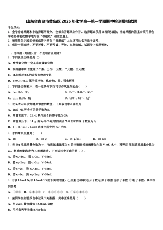 山东省青岛市黄岛区2025年化学高一第一学期期中检测模拟试题含解析