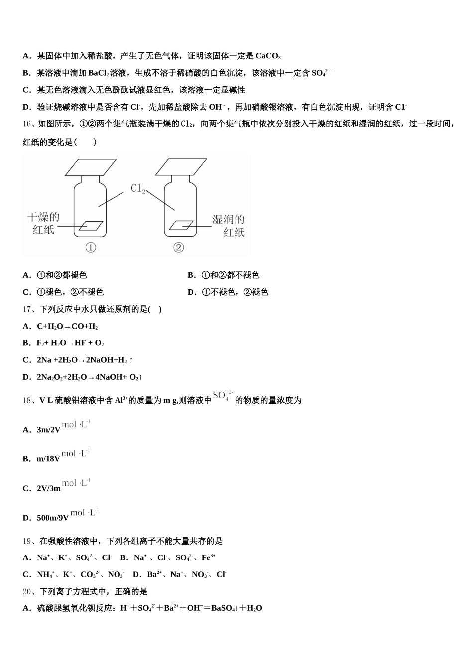 山东阳谷县第五中学2025年高一上化学期中经典试题含解析_第3页