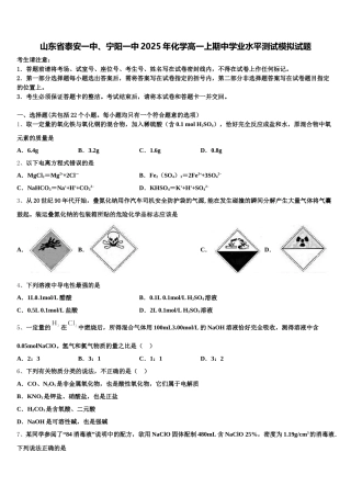 山东省泰安一中、宁阳一中2025年化学高一上期中学业水平测试模拟试题含解析