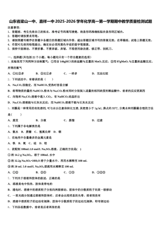 山东省梁山一中、嘉祥一中2025-2026学年化学高一第一学期期中教学质量检测试题含解析