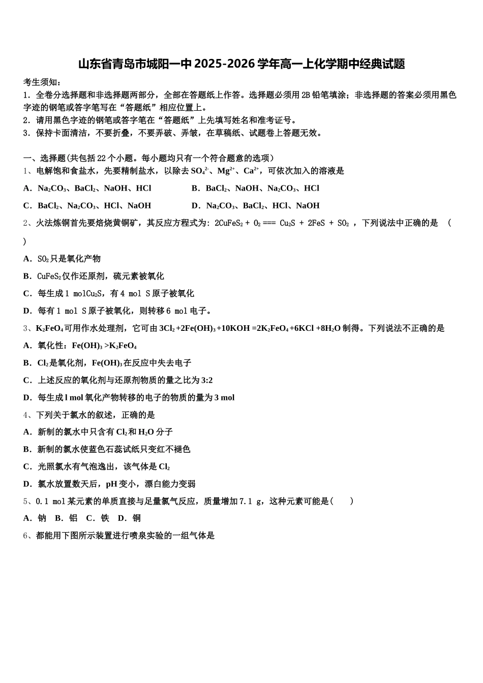 山东省青岛市城阳一中2025-2026学年高一上化学期中经典试题含解析_第1页