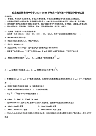 山东省淄博市第十中学2025-2026学年高一化学第一学期期中统考试题含解析