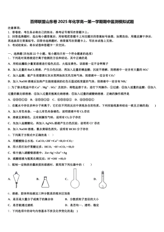 百师联盟山东卷2025年化学高一第一学期期中监测模拟试题含解析