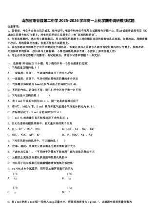山东省阳谷县第二中学2025-2026学年高一上化学期中调研模拟试题含解析