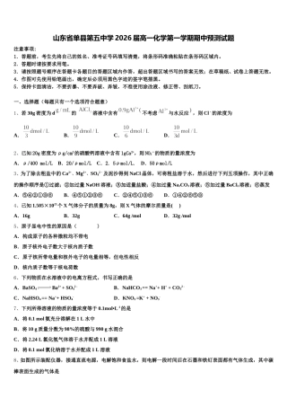 山东省单县第五中学2026届高一化学第一学期期中预测试题含解析