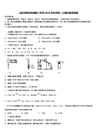 山东济南市历城第二中学2025年化学高一上期中监测试题含解析