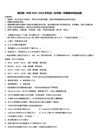潍坊第一中学2025-2026学年高一化学第一学期期中预测试题含解析