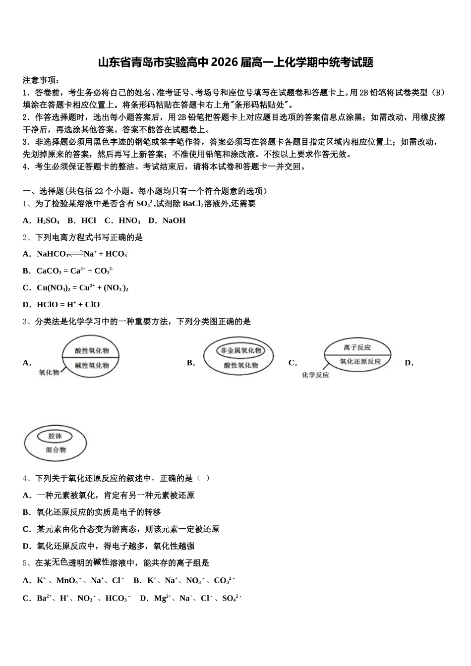 山东省青岛市实验高中2026届高一上化学期中统考试题含解析_第1页
