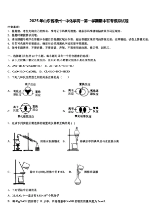 2025年山东省德州一中化学高一第一学期期中联考模拟试题含解析