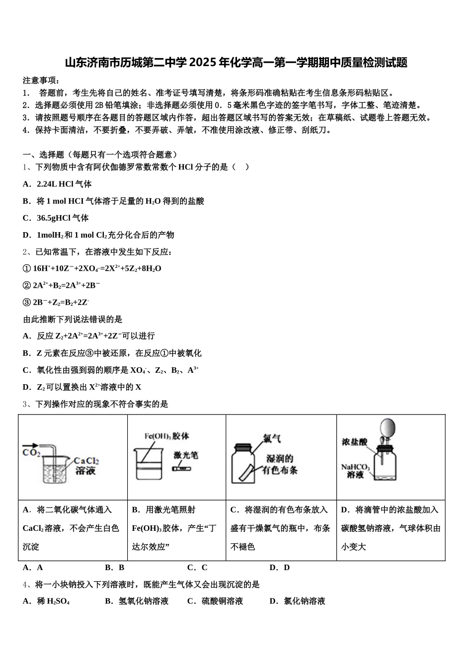 山东济南市历城第二中学2025年化学高一第一学期期中质量检测试题含解析_第1页
