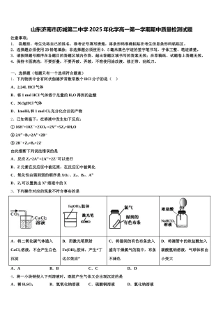 山东济南市历城第二中学2025年化学高一第一学期期中质量检测试题含解析