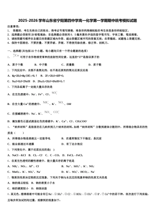 2025-2026学年山东省宁阳第四中学高一化学第一学期期中统考模拟试题含解析