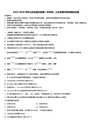 2025-2026学年山东省昌乐县第一中学高一上化学期中检测模拟试题含解析