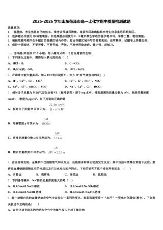2025-2026学年山东菏泽市高一上化学期中质量检测试题含解析