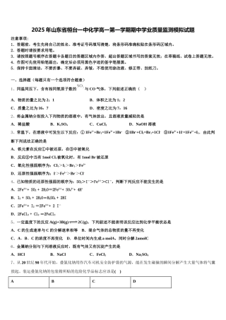 2025年山东省桓台一中化学高一第一学期期中学业质量监测模拟试题含解析