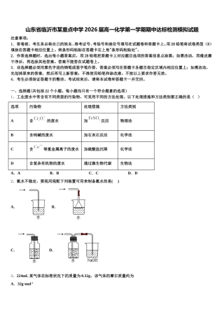 山东省临沂市某重点中学2026届高一化学第一学期期中达标检测模拟试题含解析