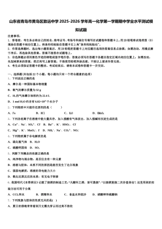 山东省青岛市黄岛区致远中学2025-2026学年高一化学第一学期期中学业水平测试模拟试题含解析
