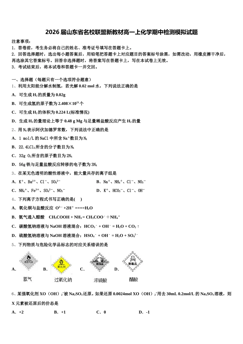2026届山东省名校联盟新教材高一上化学期中检测模拟试题含解析_第1页