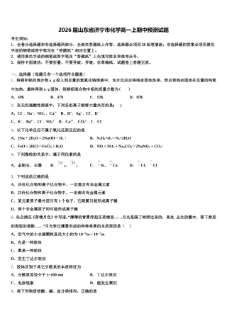 2026届山东省济宁市化学高一上期中预测试题含解析