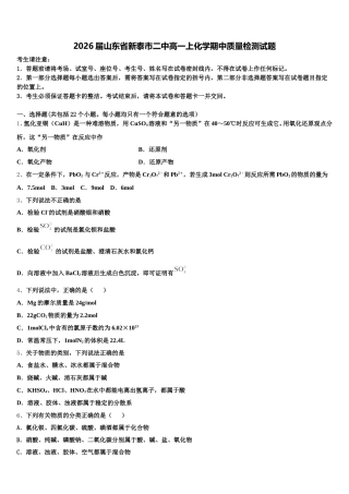 2026届山东省新泰市二中高一上化学期中质量检测试题含解析
