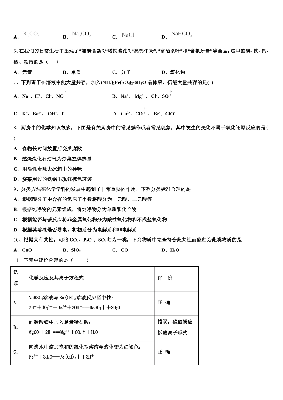 山东省泰安市宁阳县一中2026届化学高一上期中教学质量检测模拟试题含解析_第2页