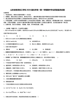 山东省锦泽技工学校2026届化学高一第一学期期中学业质量监测试题含解析
