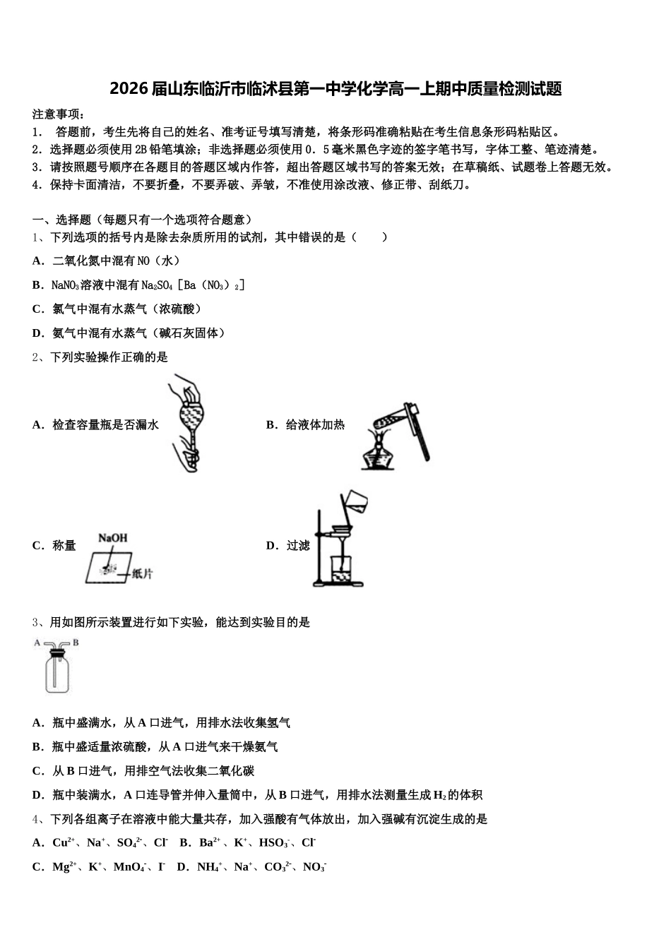 2026届山东临沂市临沭县第一中学化学高一上期中质量检测试题含解析_第1页