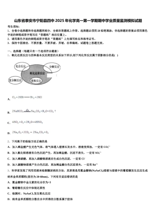 山东省泰安市宁阳县四中2025年化学高一第一学期期中学业质量监测模拟试题含解析
