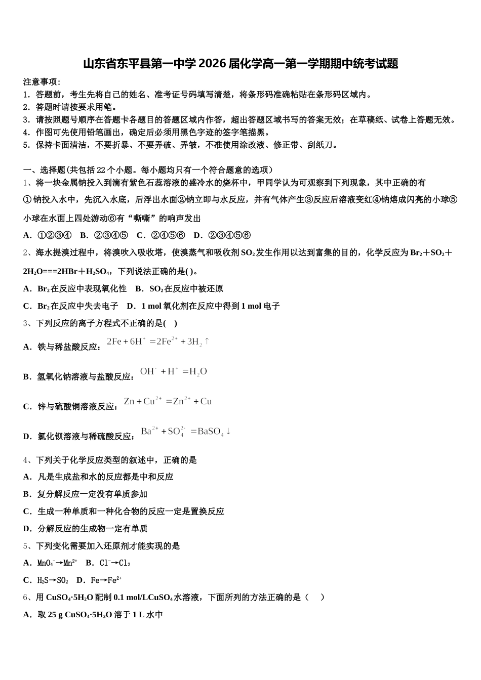 山东省东平县第一中学2026届化学高一第一学期期中统考试题含解析_第1页