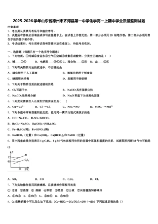 2025-2026学年山东省德州市齐河县第一中学化学高一上期中学业质量监测试题含解析