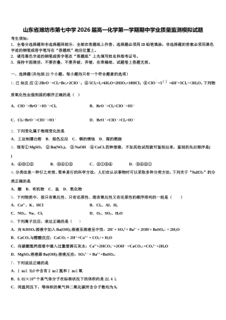 山东省潍坊市第七中学2026届高一化学第一学期期中学业质量监测模拟试题含解析