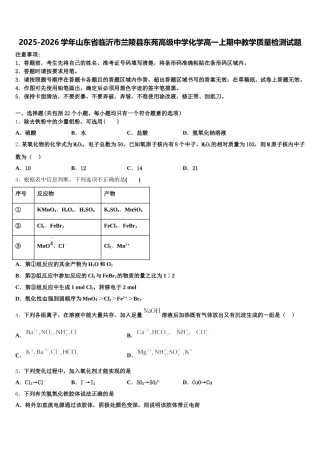 2025-2026学年山东省临沂市兰陵县东苑高级中学化学高一上期中教学质量检测试题含解析