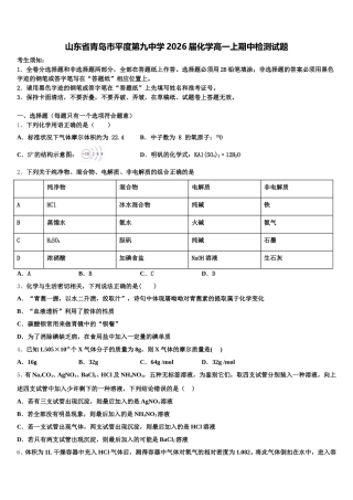 山东省青岛市平度第九中学2026届化学高一上期中检测试题含解析