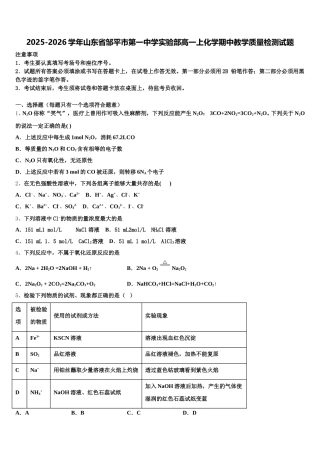 2025-2026学年山东省邹平市第一中学实验部高一上化学期中教学质量检测试题含解析