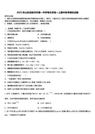 2025年山东省胶州市第一中学等化学高一上期中统考模拟试题含解析