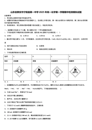 山东省泰安市宁阳县第一中学2025年高一化学第一学期期中检测模拟试题含解析